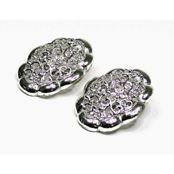Filigree Silver-Tone Clip-On Earrings Vintage Mid-Century Statement Jewelry - Picture 3 of 5